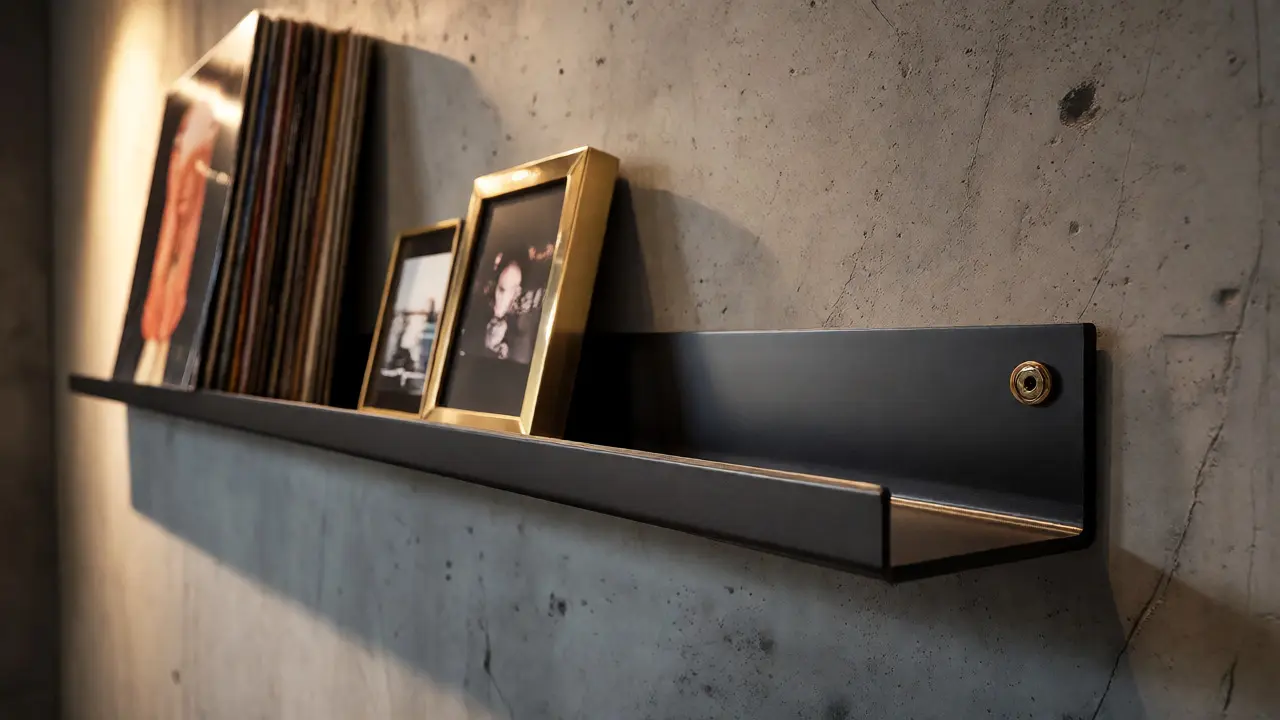 Détail d'étagère métal noir avec vinyles et cadres laiton sur béton