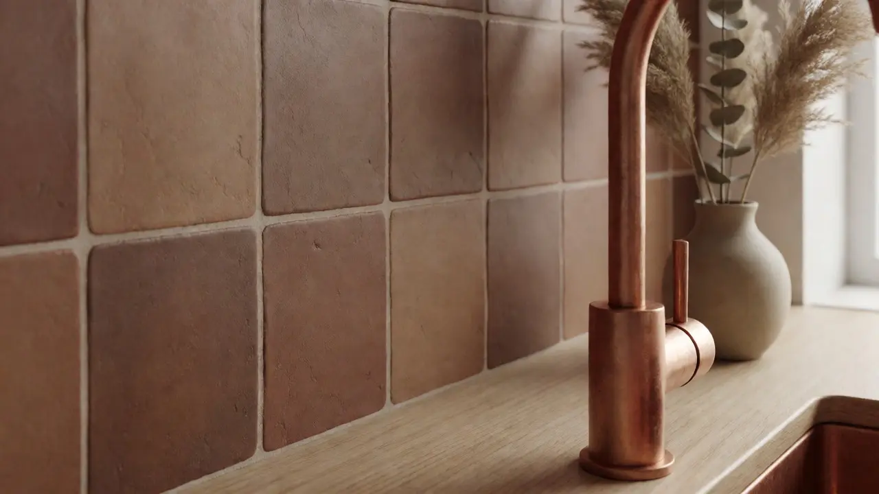 Détail de carrelage argile et bois clair avec touches de laiton