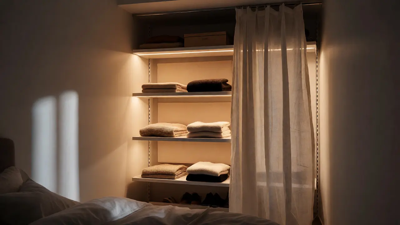Dressing mural organisé avec éclairage LED intégré et rideau en lin