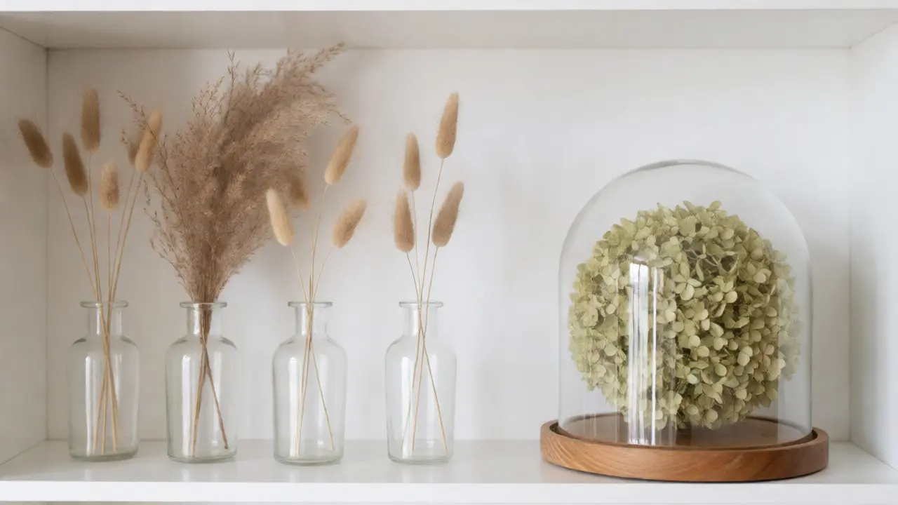 Étagère blanche décorée de bouteilles en verre contenant des fleurs séchées et d'une cloche sous verre.