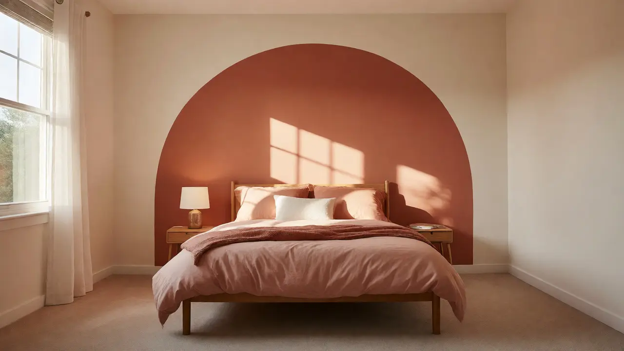Finished bedroom with a terracotta painted arch headboard and cozy decor.