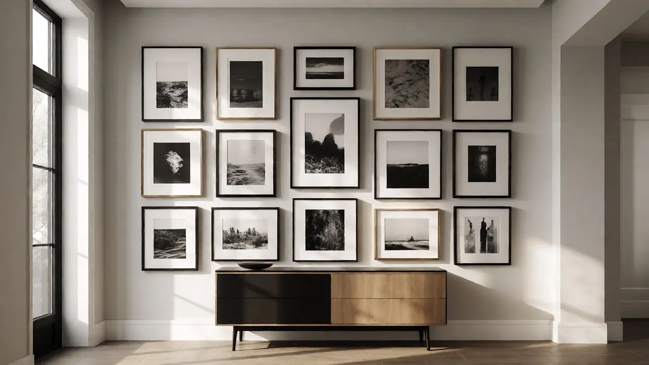 Galerie murale équilibrée au-dessus d'un meuble bas