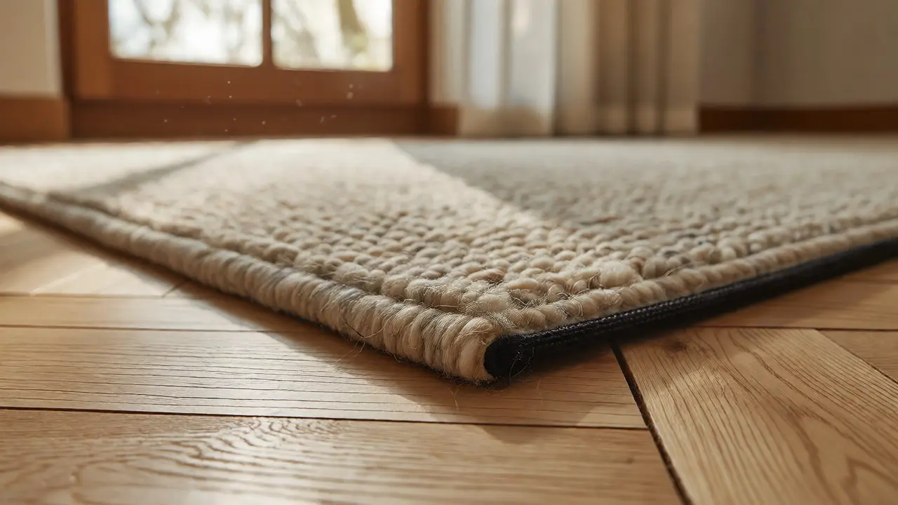 Gros plan sur un tapis en laine épais posé sur un parquet, montrant la texture et la stabilité antidérapante.