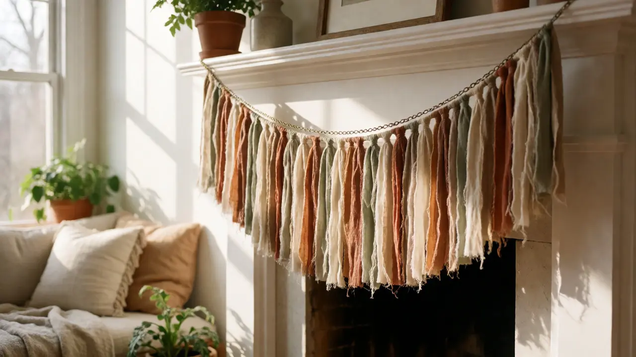 Guirlande de franges textiles bohèmes suspendue au-dessus d'une cheminée blanche