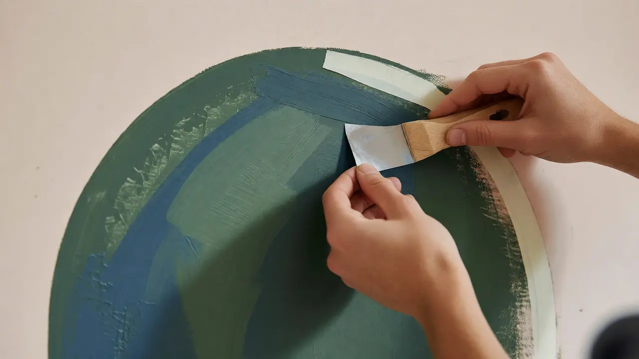 Hands applying masking tape to create sharp edges for a painted arch headboard.