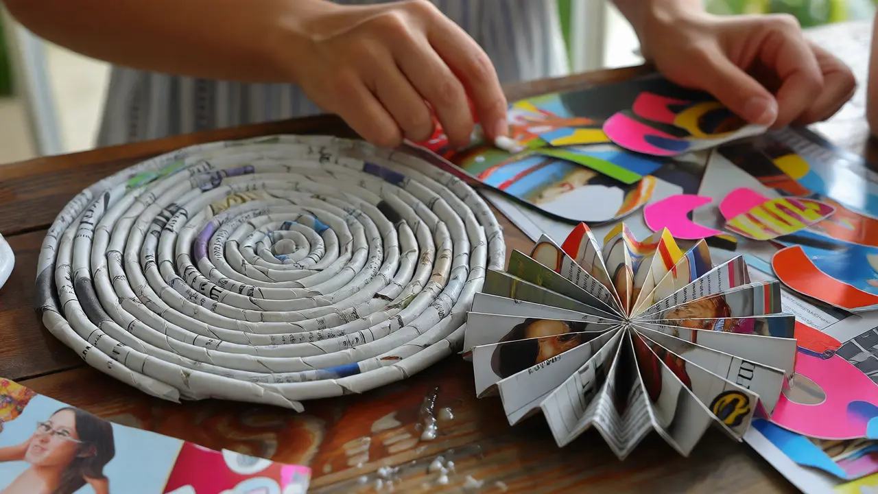 Mains créant des objets décoratifs en papier journal et magazine