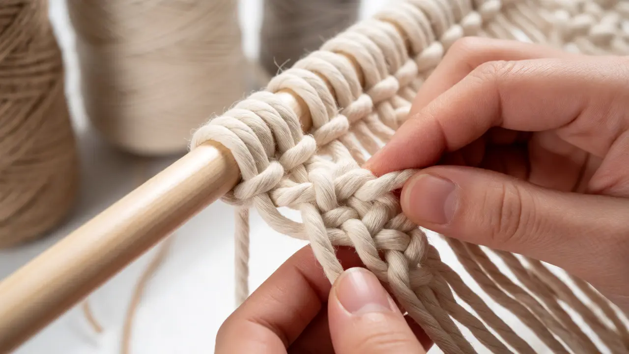 Mains nouant des cordes de coton lors d'un atelier de création macramé