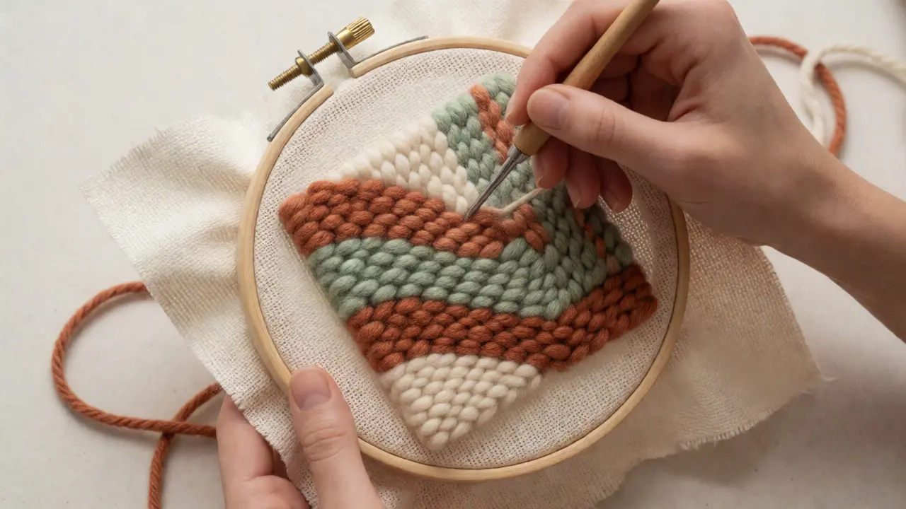 Mains utilisant un aiguille à boucler pour créer un motif en laine sur toile tendue dans un tambour.