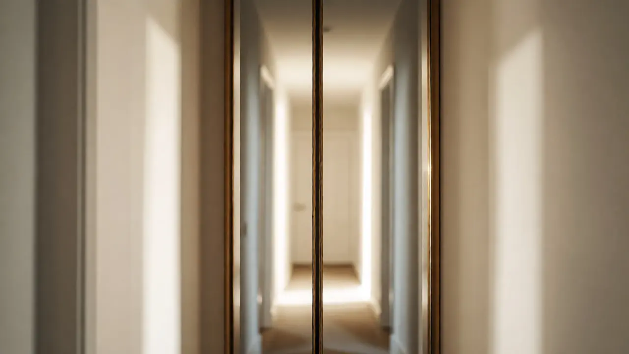 Miroir vertical à fine monture dorée dans un couloir étroit, réfléchissant la lumière pour casser l'effet tunnel.