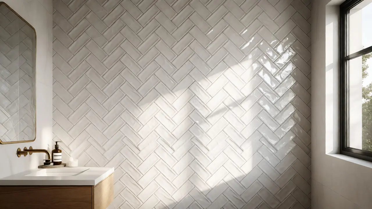 Mur de salle de bain en zellige effet industriel blanc en chevron