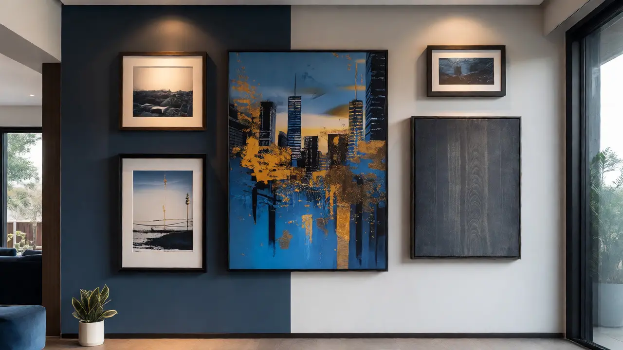 Mur galerie moderne mélangeant panneaux Alu Dibond mat et cadres en bois assortis.