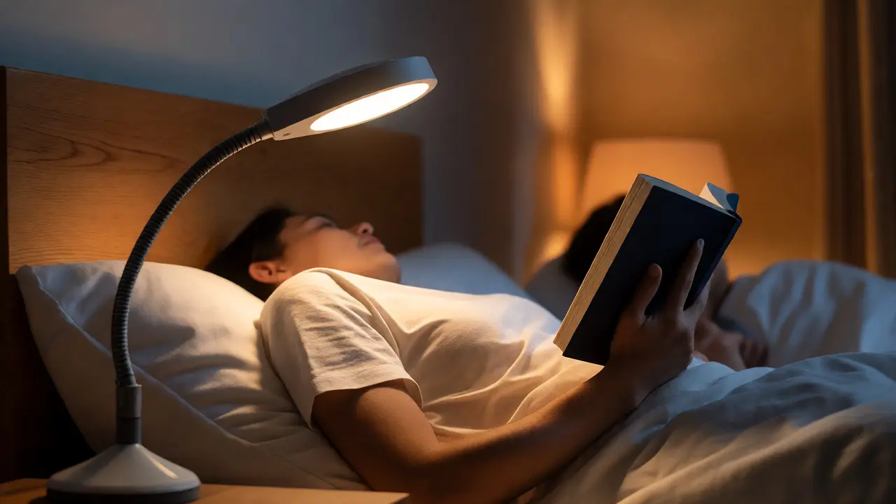 Personne lisant au lit avec une lampe de chevet articulée positionnée derrière l'épaule.