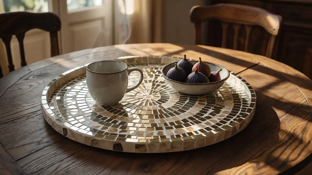 Plateau apéro en mosaïque artisanal posé sur une table avec une tasse chaude