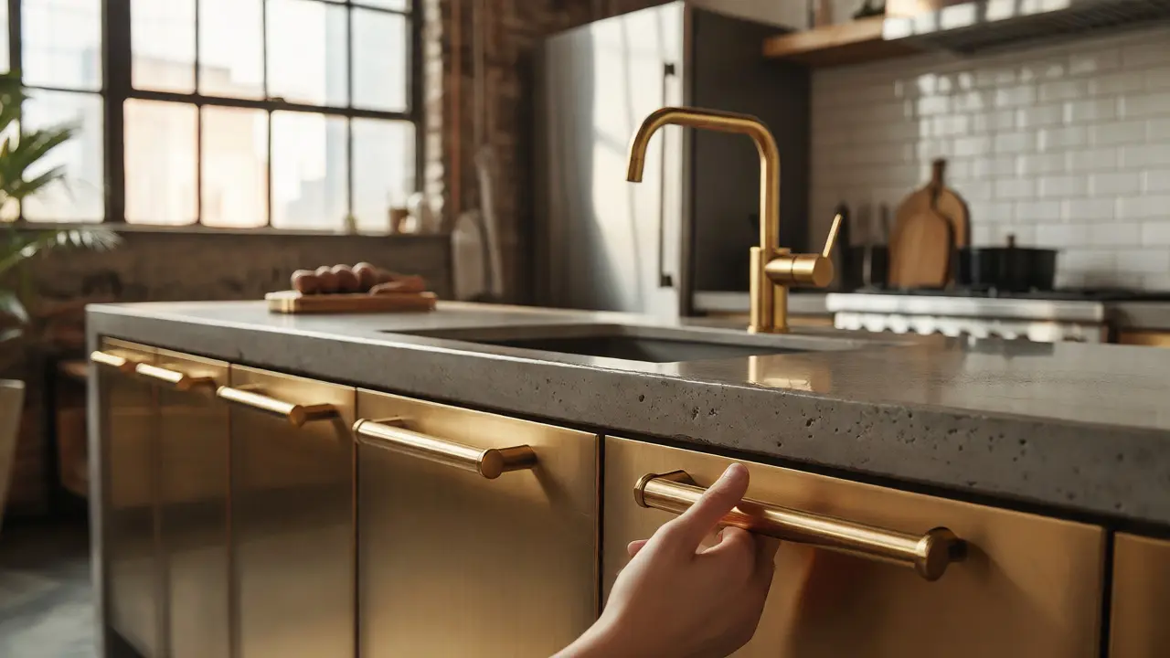 Poignées de cuisine en laiton brossé dans un intérieur industriel moderne avec lumière naturelle.