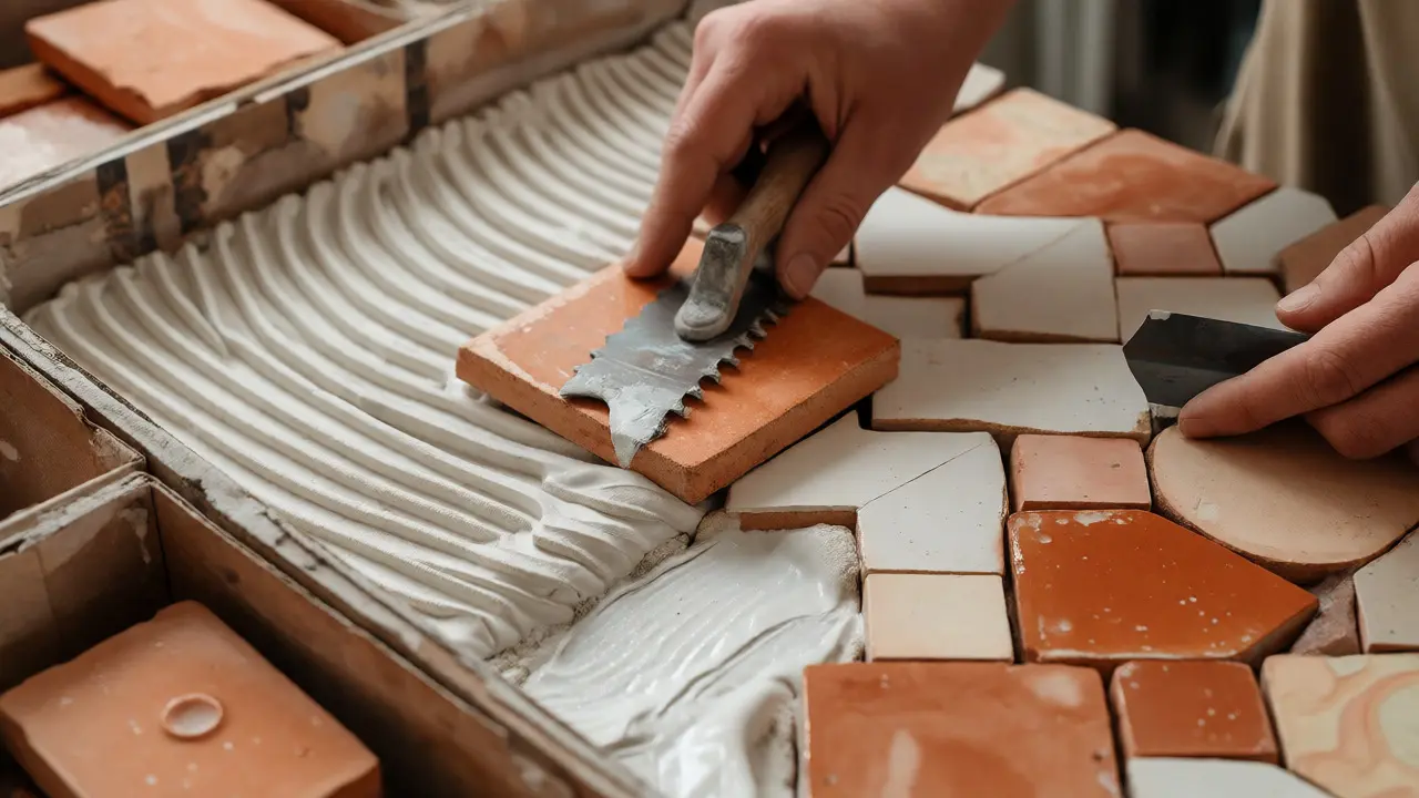 Pose manuelle de carreaux zellige terracotta avec joints larges