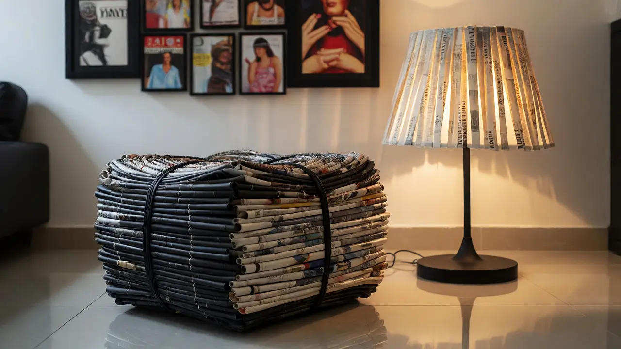 Pouf et abat-jour fabriqués à partir de papier recyclé dans un salon