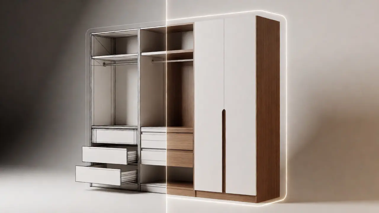 Rendu 3D d'un dressing modulaire combinant laque blanche et placage noyer