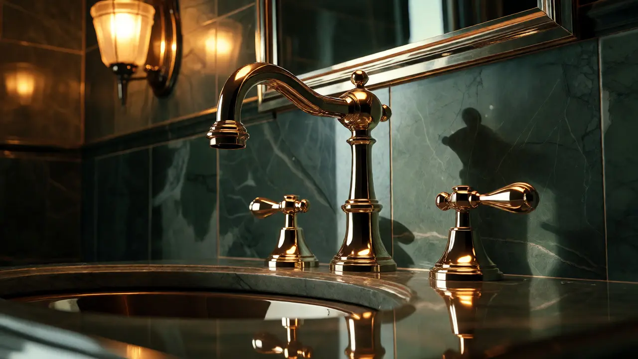 Robinet en laiton poli brillant dans une salle de bain luxueuse style Art Déco avec marbre vert.