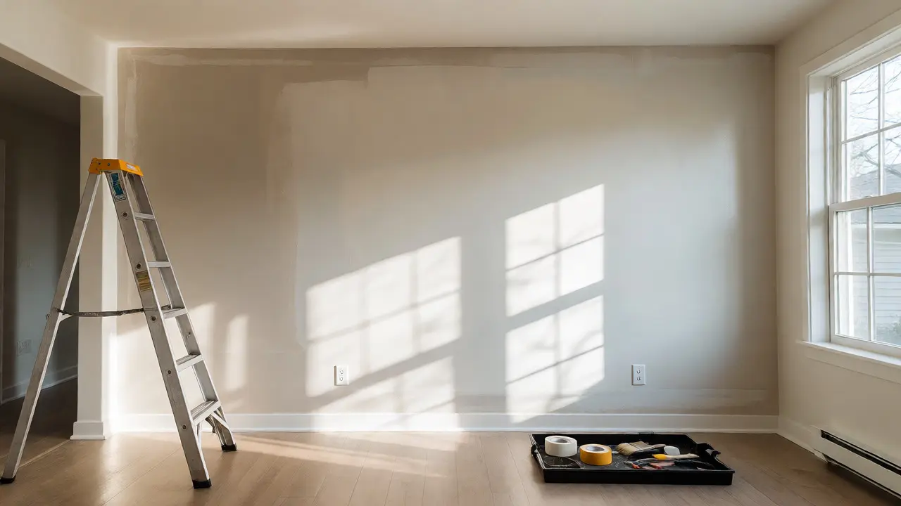 Salon lumineux aux murs fraîchement repeints en finition satinée après un chantier réussi.