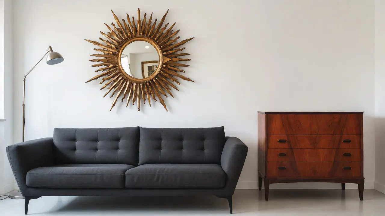 Salon moderne intégrant un miroir soleil doré et une commode en palissandre