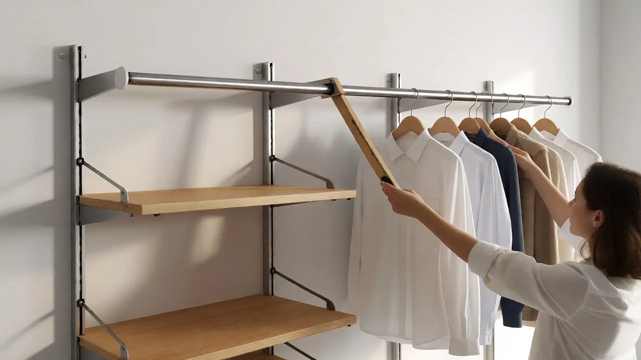 Système de dressing mural modulaire avec rail et étagères ajustables