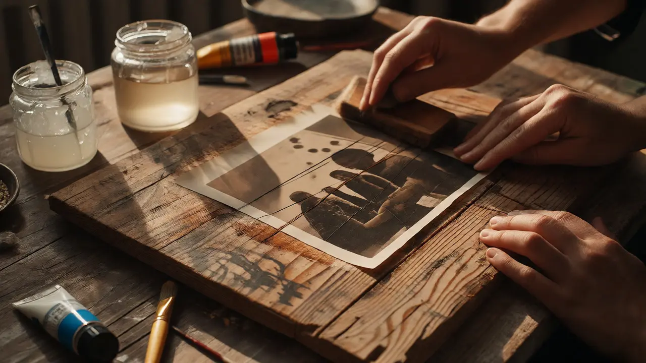 Transfert d'image au médium acrylique sur un support en bois rustique.
