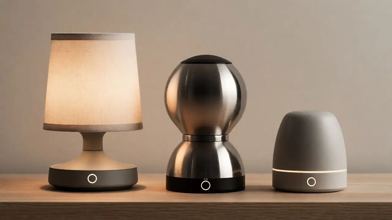 Trois modèles de lampes rechargeables sans fil sur une table
