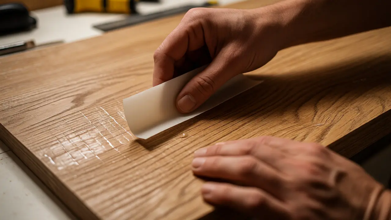 Application d'un film adhésif imitation bois sur une porte de meuble