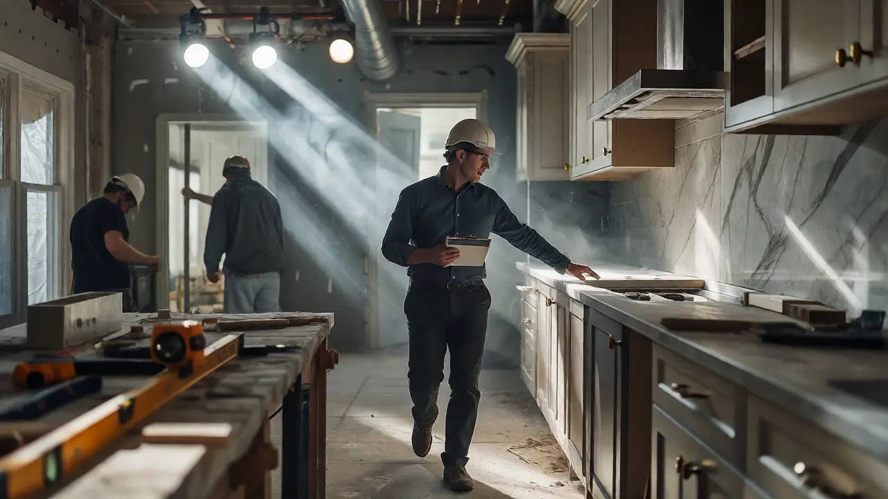 Architecte supervisant l'installation des meubles dans une cuisine en chantier