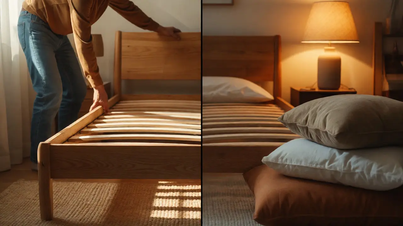 Assemblage d'un lit en bois à côté de coussins et d'une lampe chaleureuse