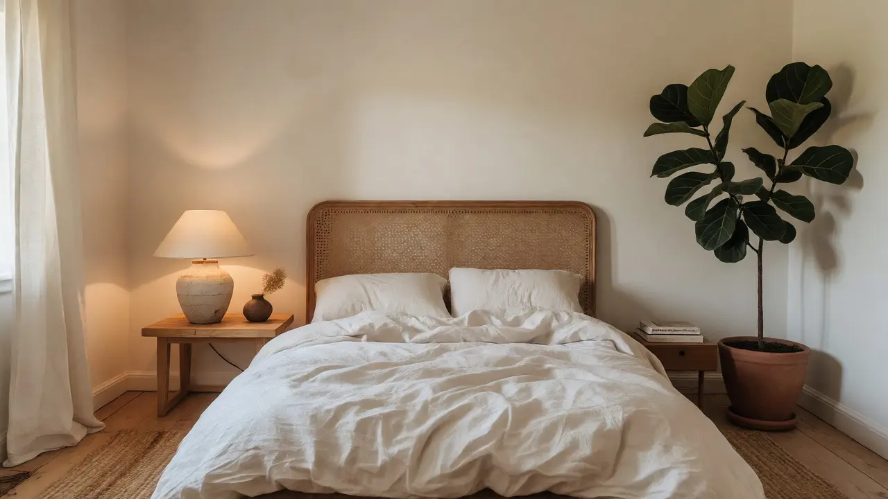 Chambre bohème épurée avec lit à tête de lit en cannage, draps froissés et plante verte.