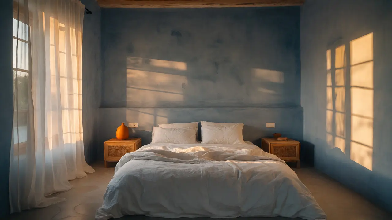 Chambre calme aux tons bleu-gris désaturés avec mobilier en rotin et bois brut.
