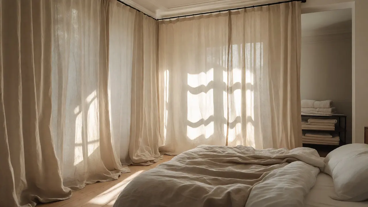 Chambre lumineuse avec rideaux et draps en lin naturel filtrant la lumière du soleil.