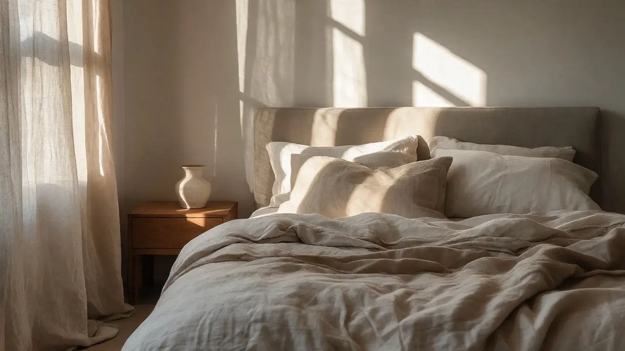 Chambre minimaliste avec literie en lin naturel et rideaux translucides.