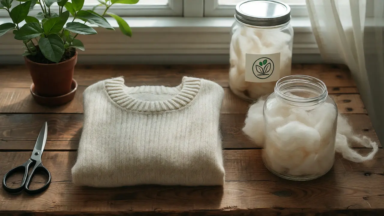 Chandail en mérinos plié sur une table en bois avec des éléments naturels évoquant la durabilité.