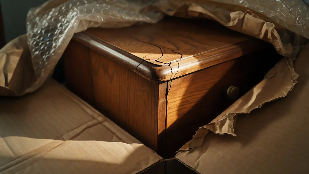 Coin cassé d'une commode vintage après livraison