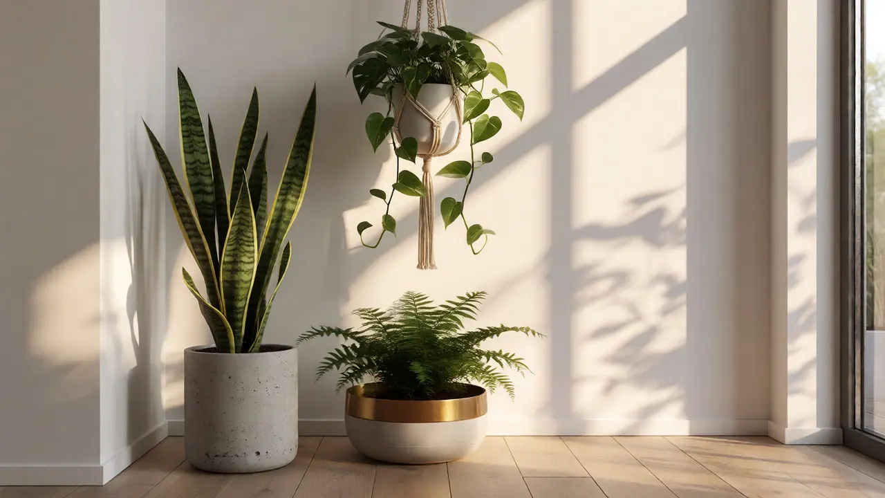 Coin déco avec plusieurs plantes dans des cache-pots variés