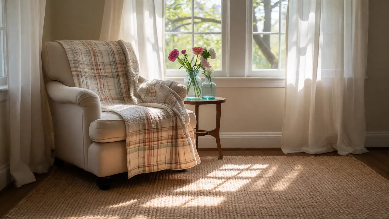 Coin lecture cosy avec fauteuil, couverture légère en coton et fleurs dans des bocaux en verre.