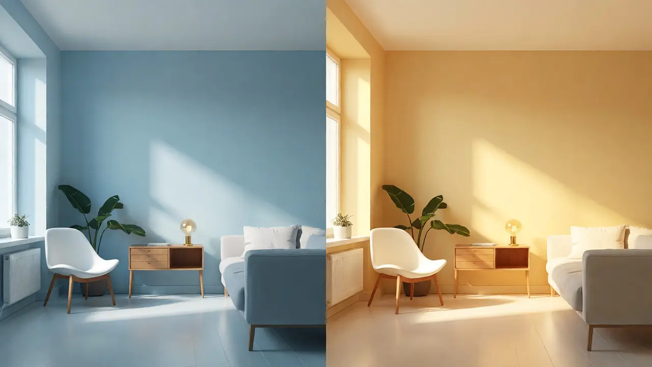 Comparaison visuelle d'une pièce bleue et jaune montrant l'illusion de luminosité.