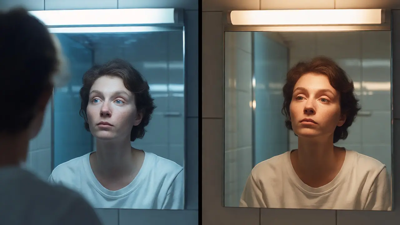 Comparaison visuelle entre un éclairage froid clinique et chaud flatteur dans un miroir.