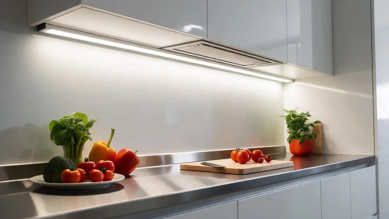 Cuisine moderne avec éclairage neutre précis sur le plan de travail pour les tâches.
