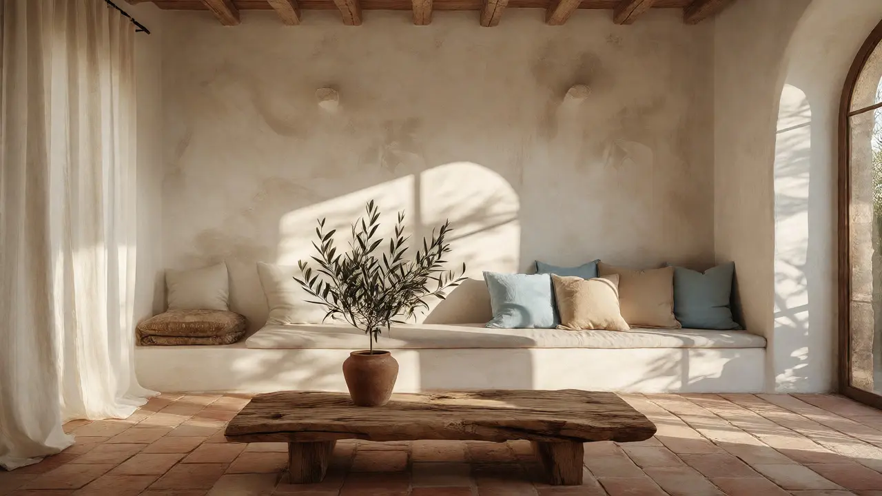 Décoration méditerranéenne : blanc, pierre et bleu azur en intérieur