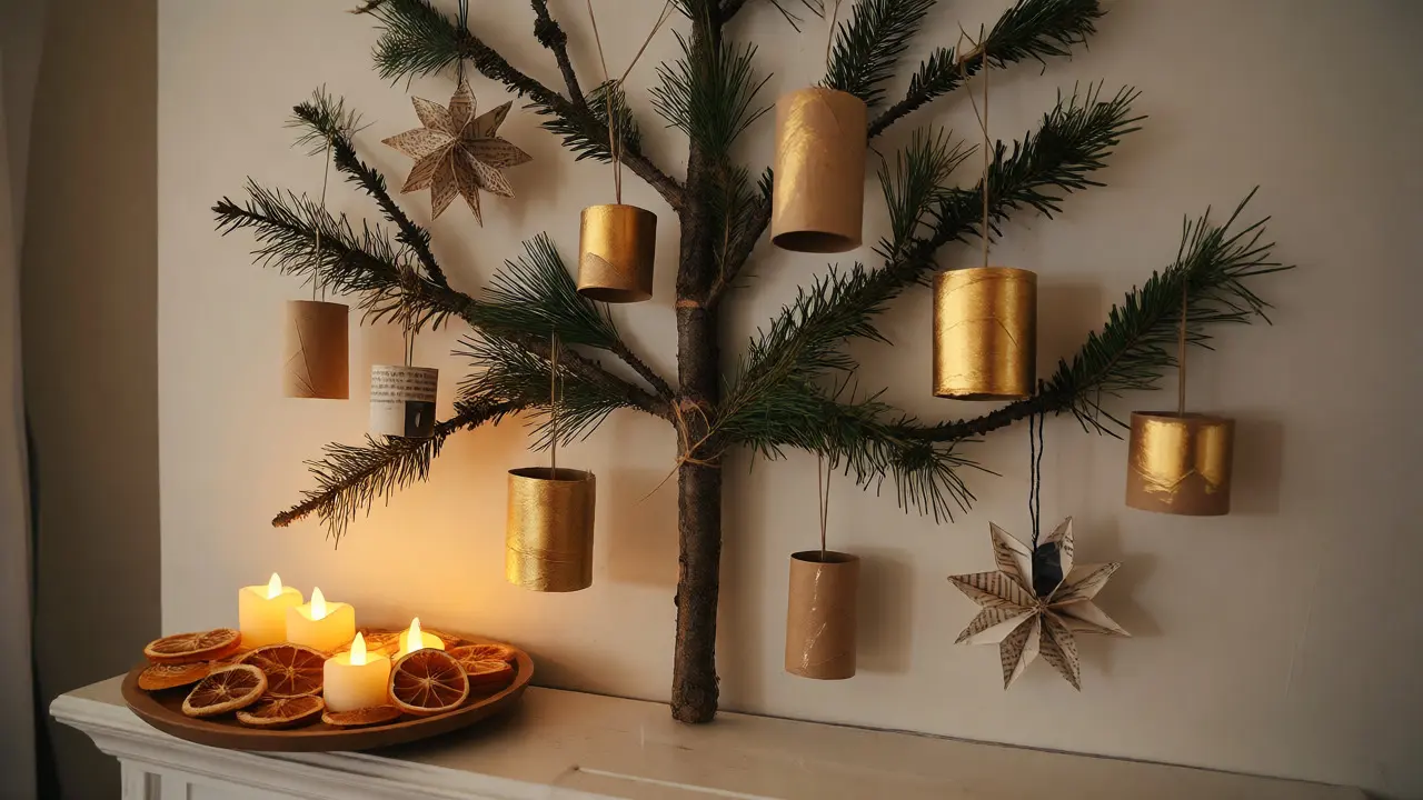 Décorations de Noël murales en branches de sapin et carton recyclé avec bougies LED