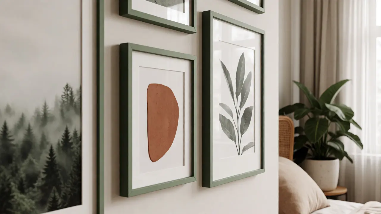 Détail de cadres assortis en bois clair avec accents verts sauge et terracotta