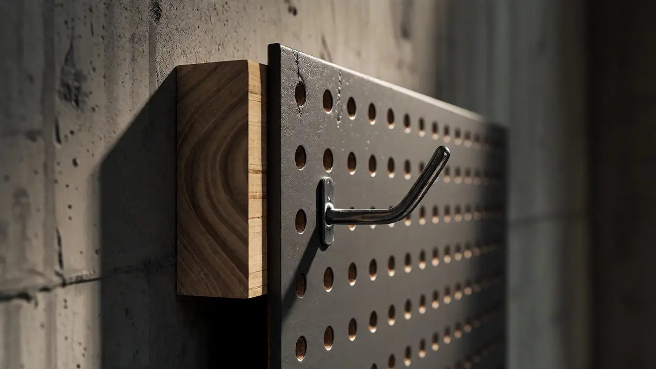 Détail de l'installation d'un pegboard montrant les tasseaux d'espacement entre le mur et la plaque.