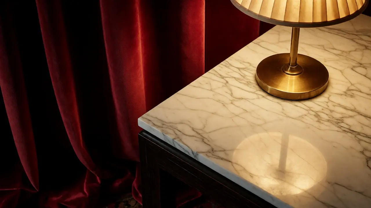 Détail de matériaux luxueux : marbre veiné, bois d'ébène et rideaux en velours bordeaux sous lumière chaude.