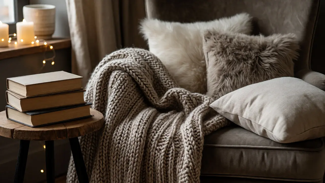 Détail de textiles confortables et livres dans un coin lecture chaleureux