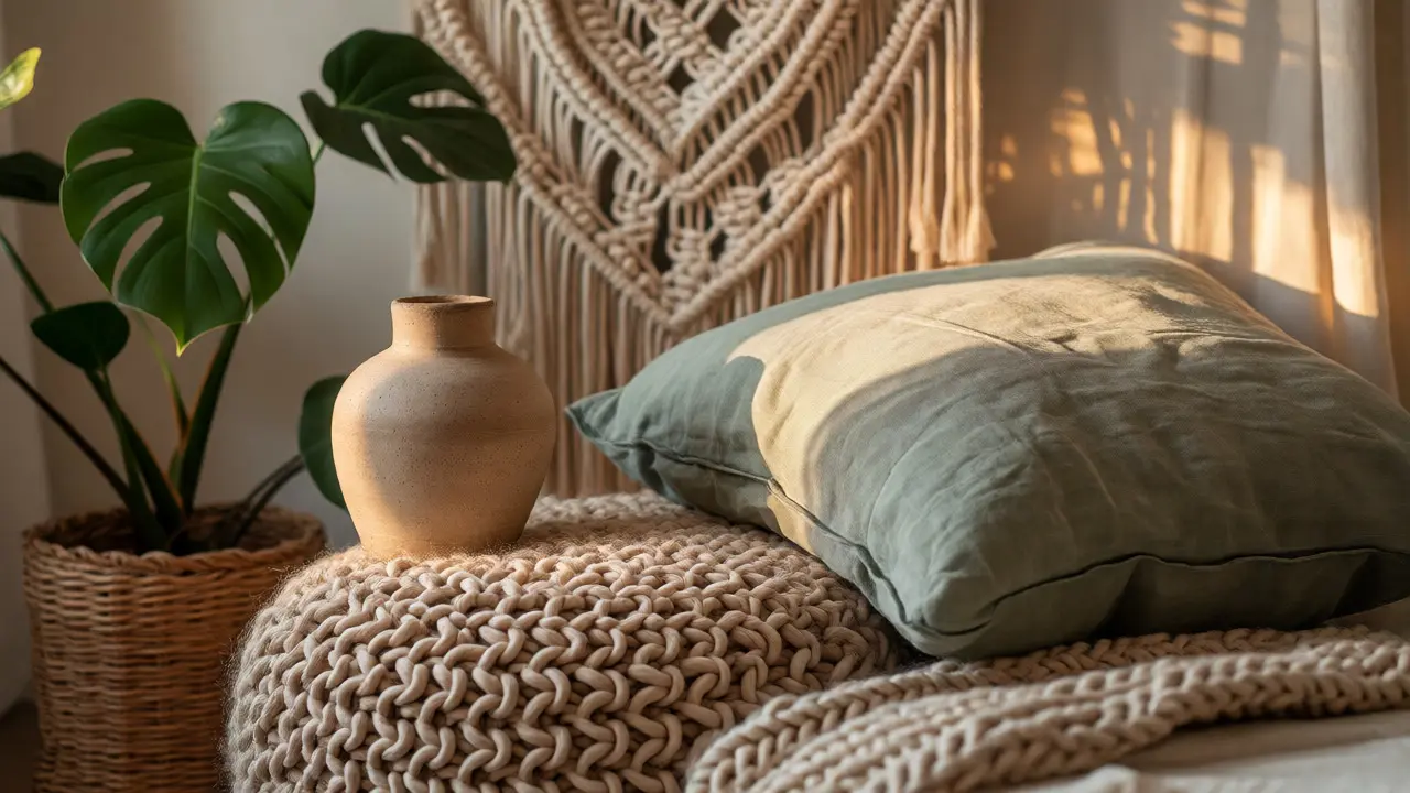Détail de textiles ethniques : laine bouclée, coussin en lin vert sauge et céramique artisanale.