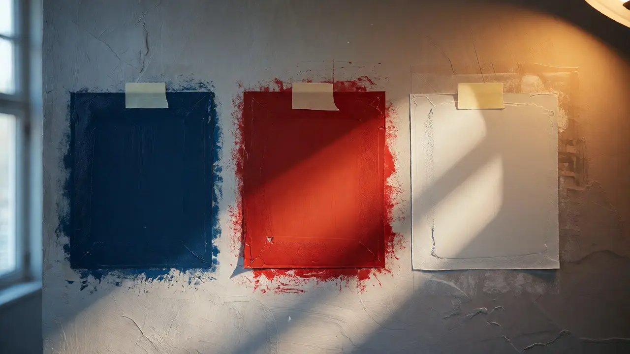 Échantillons de peinture testés sur un mur texturé sous différentes lumières.