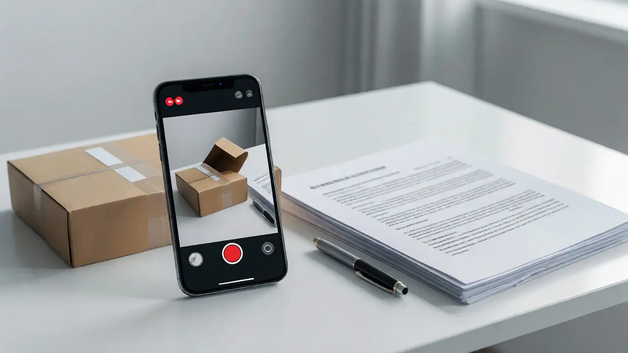 Enregistrement vidéo du déballage d'un colis avec documents